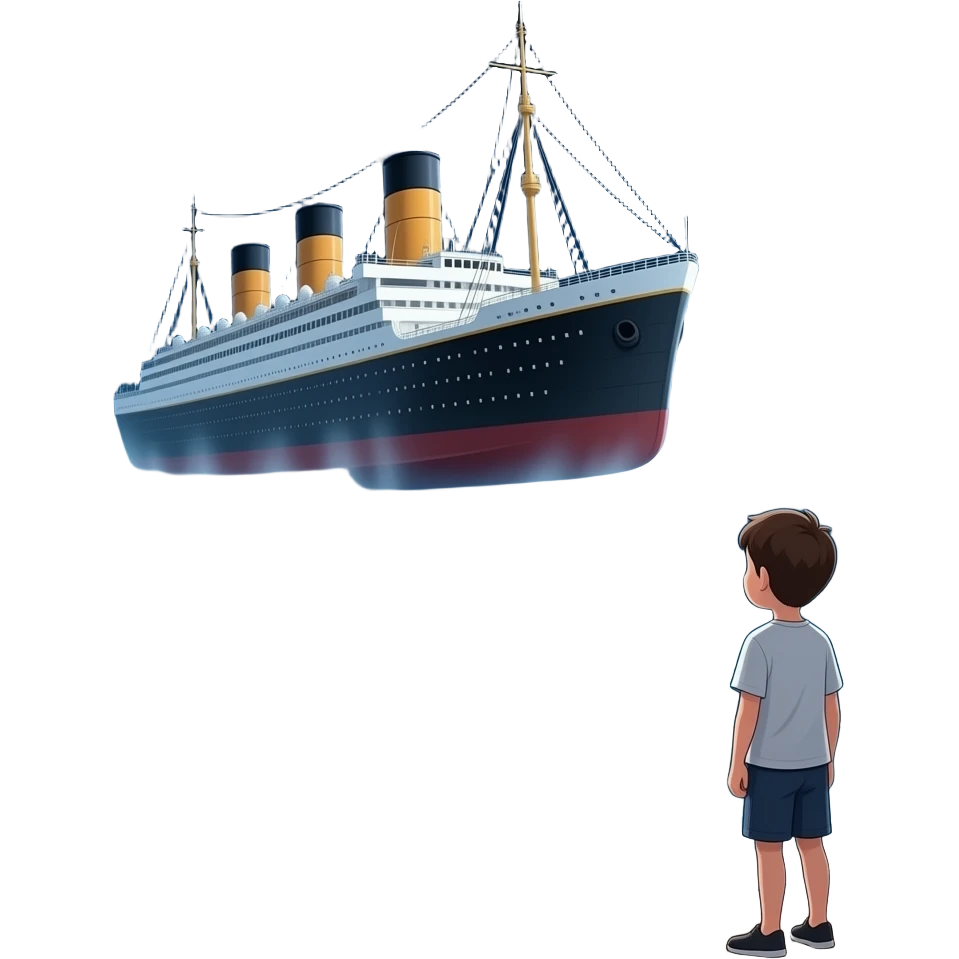 The ghostly ship The Queen Mary floats above the sea while a boy on the shore watches the scene - cut scene emoji