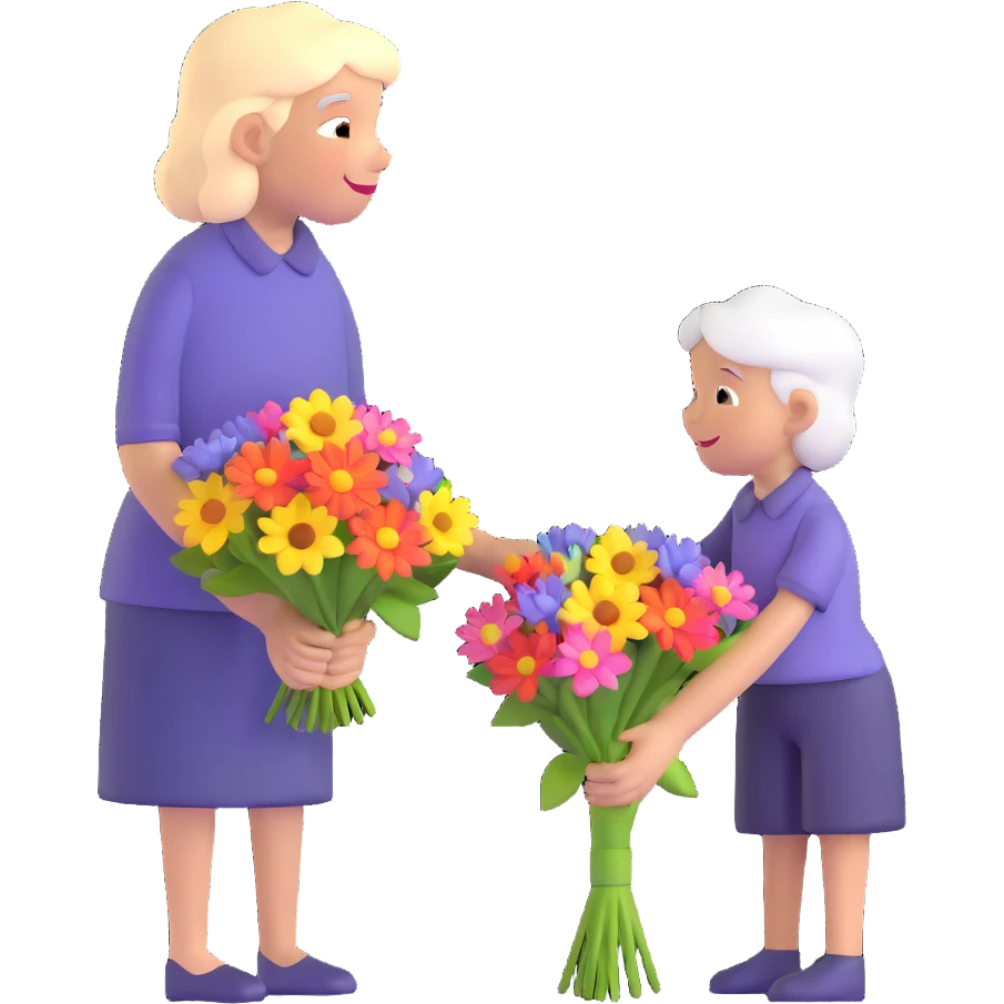 a child giving flowers to an older person, representing filial respect emoji