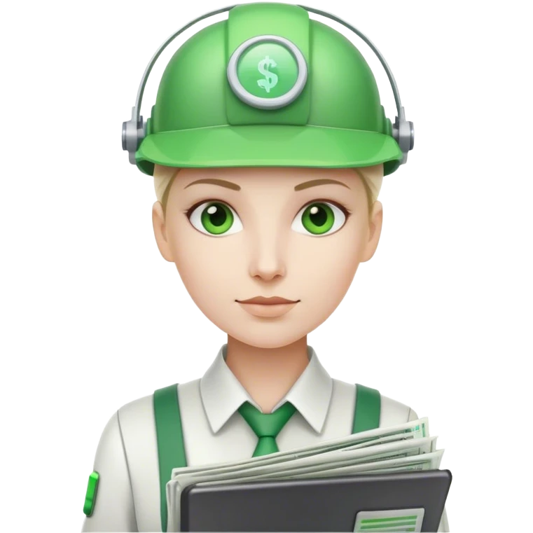 cyborg bookkeeper with green accountant visor holding spreadsheets emoji