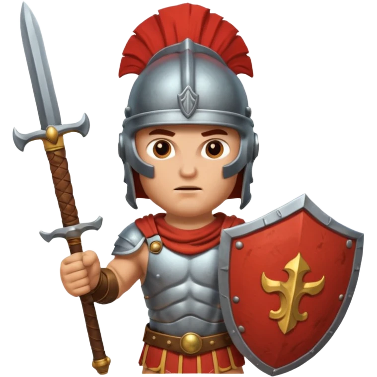 An emoji of the Roman god Mars. He is a warrior with a helmet and armor, holding a sword and shield, with a fierce expression. emoji