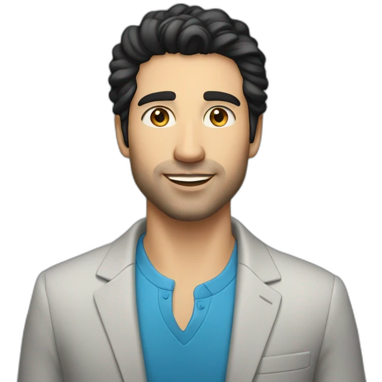 30 year old man, caucasian, black hair, blue eyes, blazer, t-shirt emoji