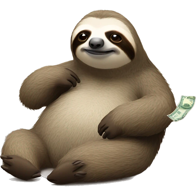 sloth laying down looking sleepy; add a phone in his hand and money flying in air around him emoji