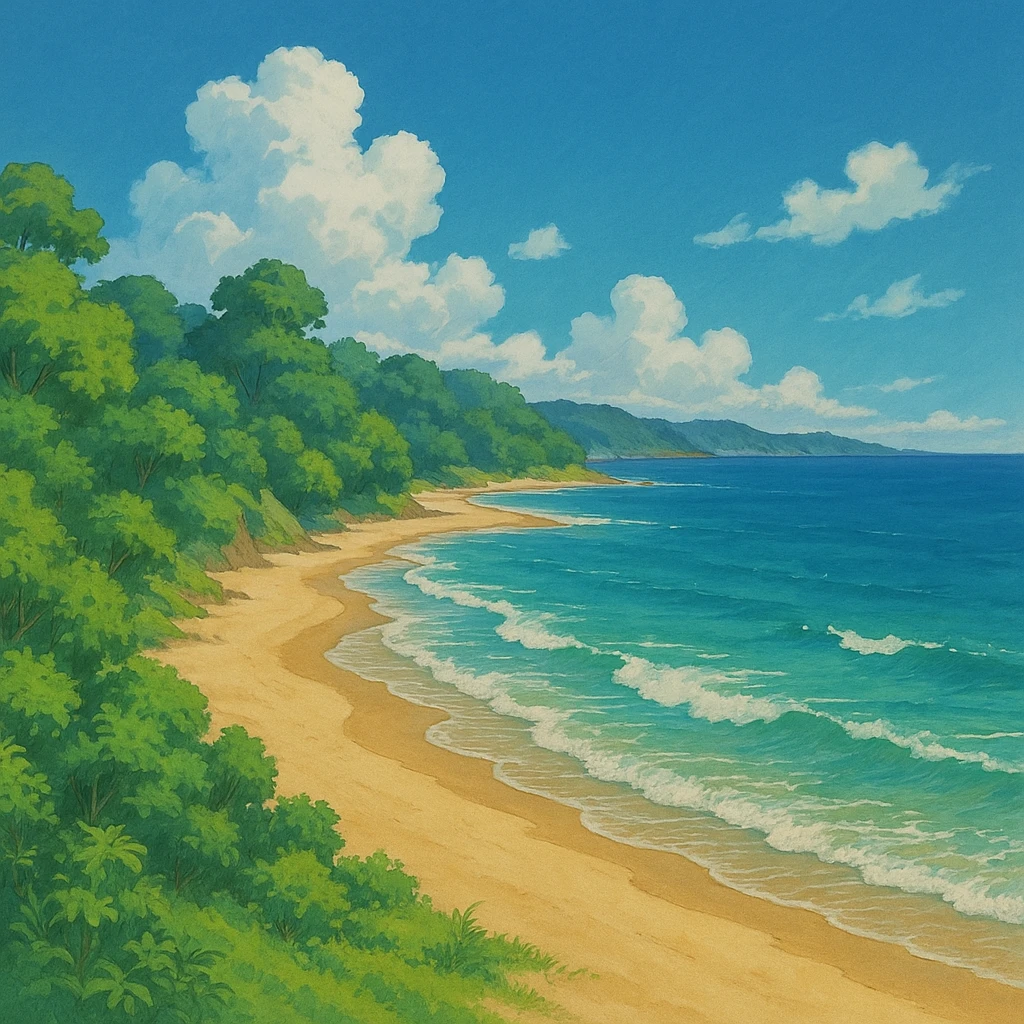 ghibli style coast with sandy beach, gentle waves, and lush greenery emoji