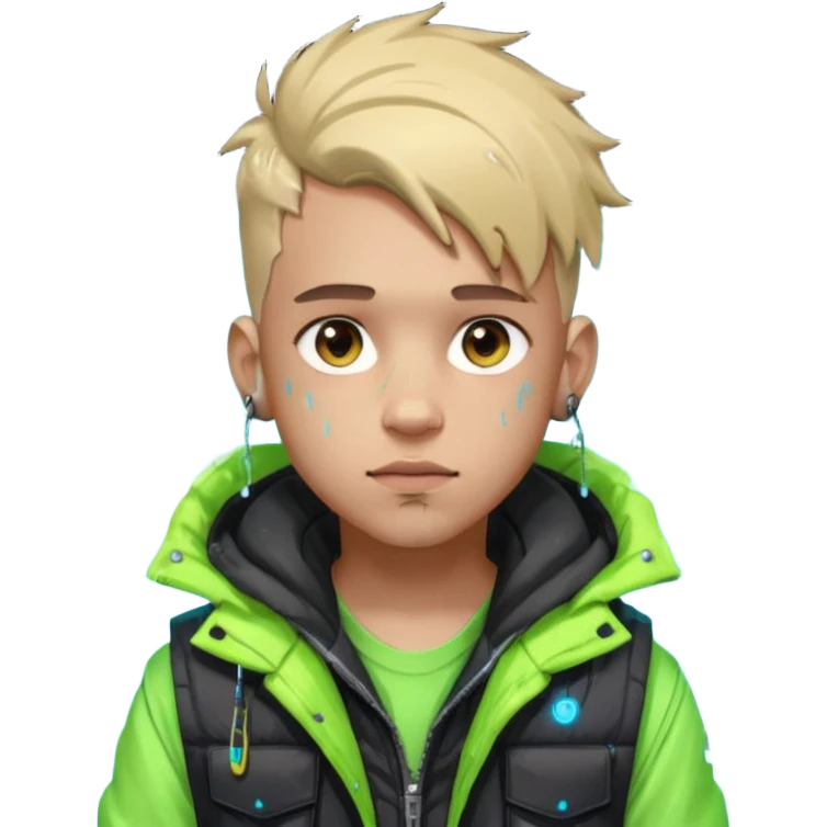 Cyberpunk street kid, male, messy undercut, puffer vest over hoodie, glowing earpiece, light stubble, brown eyes, neon reflections, raindrops, dark background. emoji