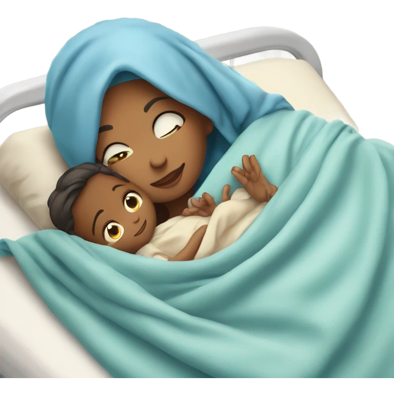 A mother lying on a hospital bed, cradling her newborn baby wrapped in a soft blue swaddle blanket.






 emoji