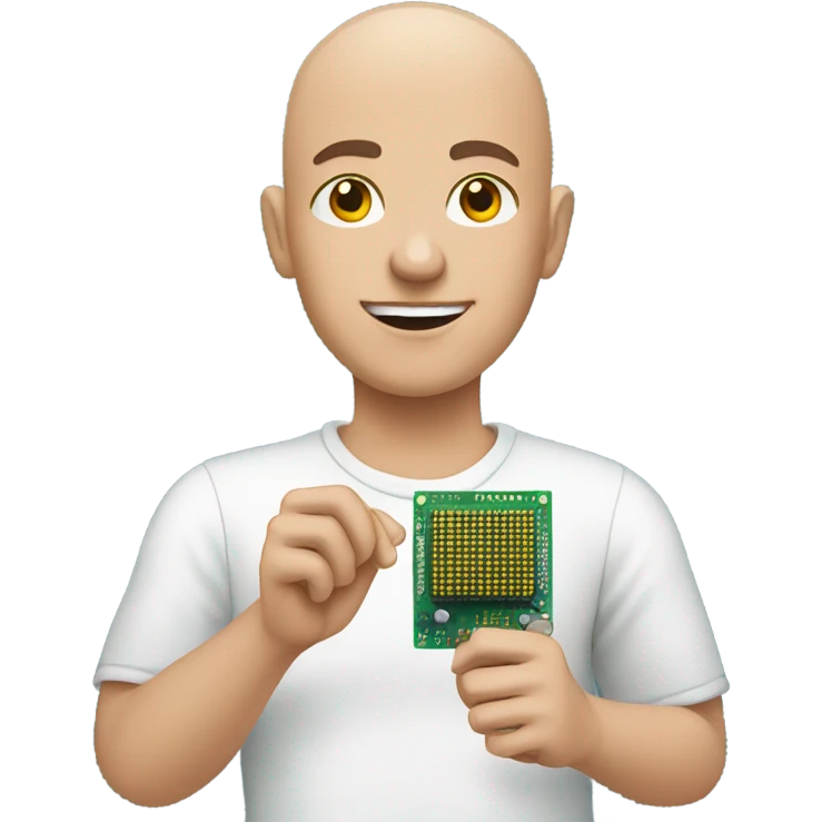 Bald young man, on his hand there is semiconductor chip emoji