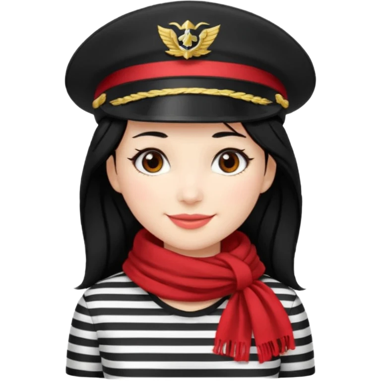 marinera de pelo negro piel blanca con camisa a rayas blanco y negro y pañuelo rojo y gorra de capitana y sonrisa tierna emoji