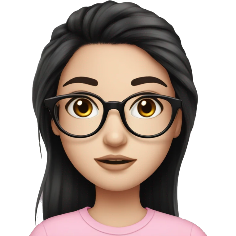 Black hair, pale skin pretty make up long eyelashes, clear glasses, pink shirt, girl emoji