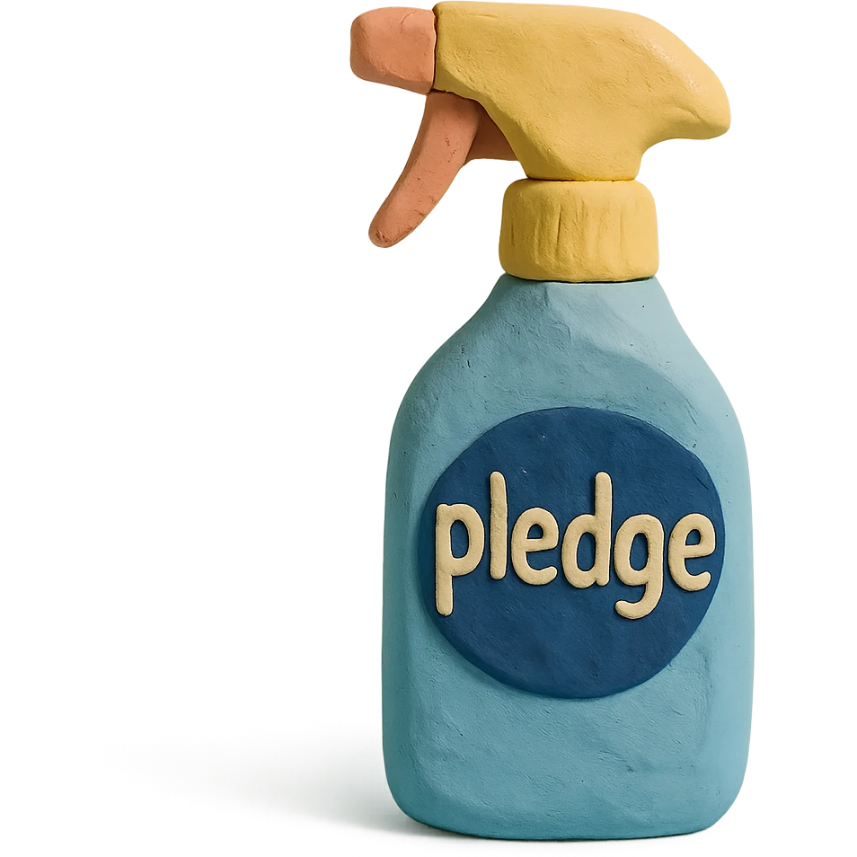 claymation style Pledge-inspired furniture polish bottle with a spray nozzle, playful arrangement, pastel palette emoji