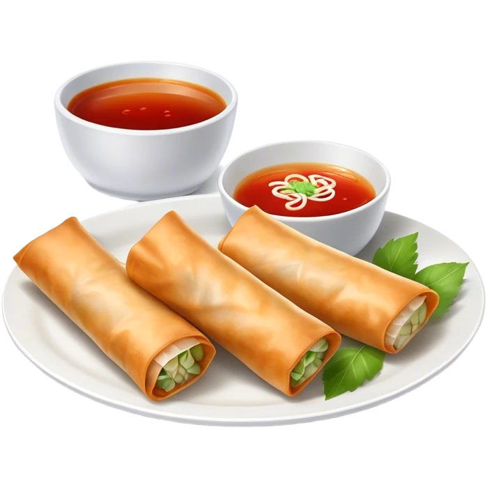 Spring Rolls Cinematic Realistic Spring Rolls Dish Emoji, depicted as 2 perfectly crisp spring rolls served with dipping sauce, rendered with lifelike textures and dynamic, appetizing lighting. emoji