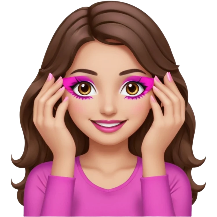 girl with long wavy brown hair, brown eyes, long lashes, makeup, sexy pink lips, light to medium complexion, wearing a pink sexy top, smiling, hands covering over the eyes emoji