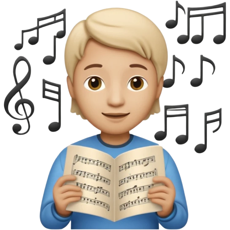 Apple Memoji-style 3D emoji of a composer holding sheet music, soft shading, rounded shapes, no background. emoji