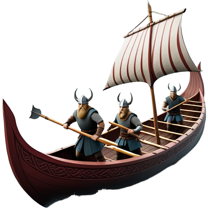 detailed-cinematic-viking-longboat, rendered in a flat, bold vector style with minimal shading, featuring a striking dragon-headed prow slicing through waters. shields on the side and vikings rowing The longboat’s, the boat has carved motifs evoke a sense of epic adventure and Nordic might, with billowing sails catching a dramatic, stormy sky backdrop. emoji