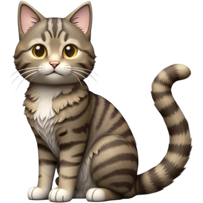 cinematic-[grey brown tabby cat]-realistic-full-body-sitting-emoji,-tail-curled-playfully-around-its-paws,-head-tilted-dramatically,-scruffy-[grey]-fur,-simplified-yet-realistic-focused-features,-highly-detailed,-glowing-with-an-almost-sarcastic-glow emoji