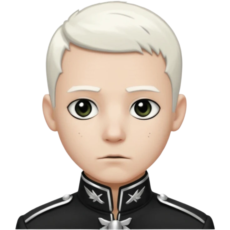 Head and shoulders emoji of a pale man with short white hair, wearing a black marching band jacket with silver trim. black eyeliner. Expression stoic, commanding, and theatrical, heroic emo style emoji