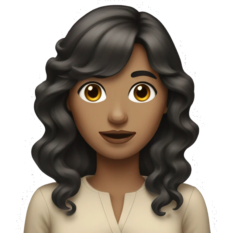 lady with long wavy Black hair beige clothes and bangs emoji