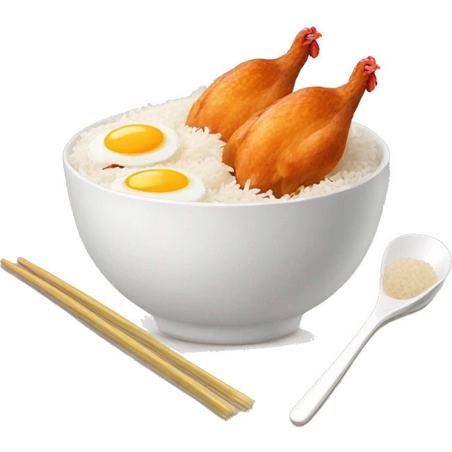 a bowl of rice with two eggs and two chicken drumstick on top emoji