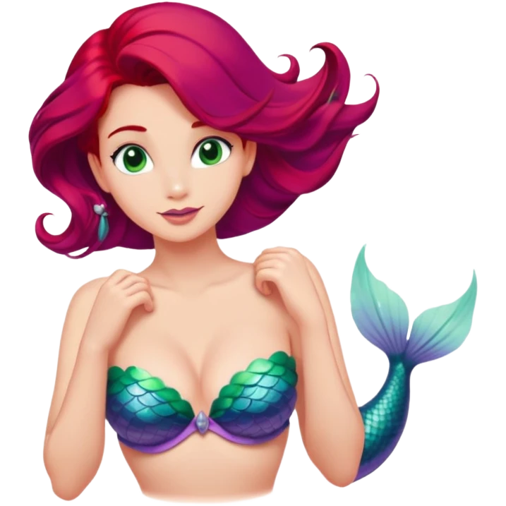 Ariel mermaid from waist up, distinct purple seashell bra, vibrant red hair, green tail hint, minimal style but very recognizable emoji