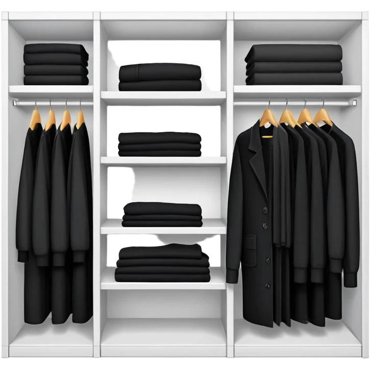 Closet organizer with visible compartments filled with black long sleeve shirts, sweaters and work clothes emoji