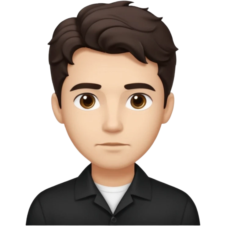 He’s a man with light to medium skin, a defined oval face, full brows, deep-set eyes, and wavy short dark brown tall hair styled with height, sides are trimmed. expression calm and focused relaxed black open-collar. polished, articulate, and coach vibe. personal development emoji