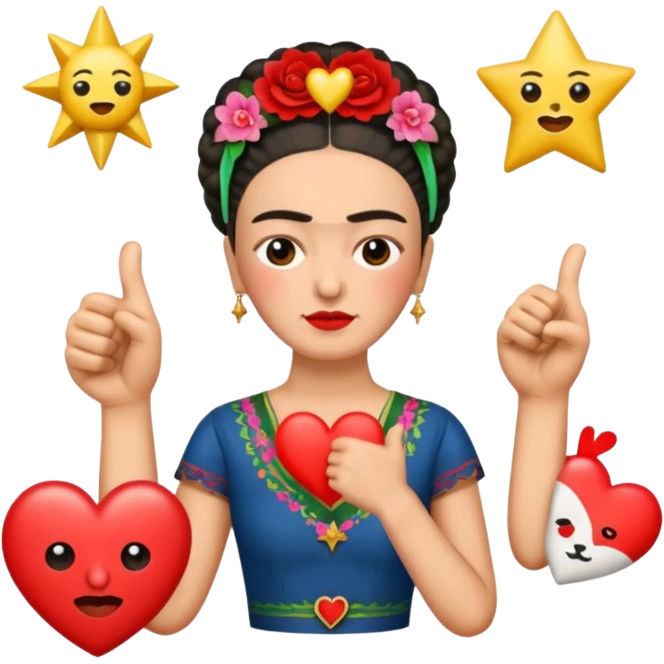 emoji pack of Frida Kahlo in style of her artworks that depicts at least these👍👎😍❤💤💫 emoji
