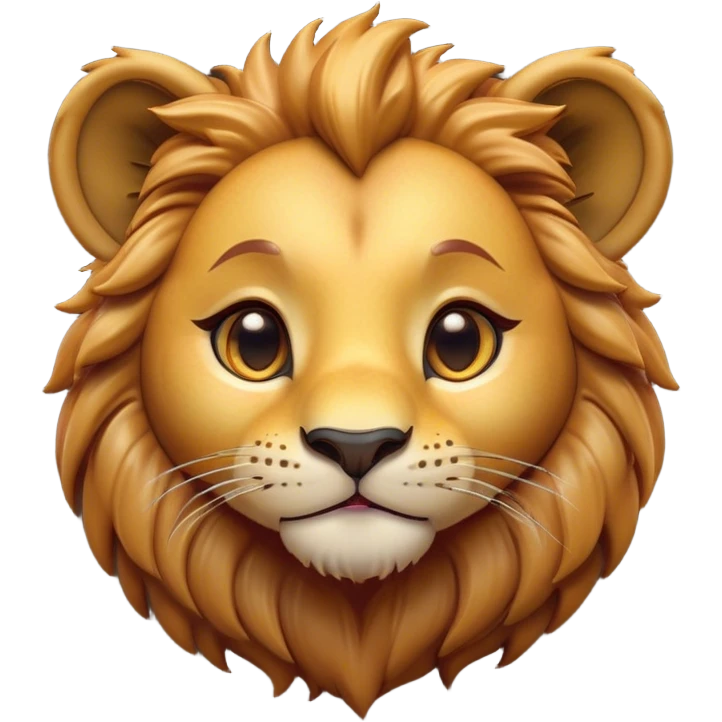 Cinematic Cute Lion Cub Portrait Emoji, Head tilted playfully and inquisitively, featuring a glossy tawny Fur with a lush mane and round, sparkling amber eyes filled with curious mischief, Simplified yet irresistibly adorable features, highly detailed, glowing with a warm, friendly glow, high shine, affectionate and spirited, stylized with a touch of jungle whimsy, bright and endearing, soft glowing outline, capturing the essence of a mischievous yet loving Lion Cub, so playful it feels like it could pounce out of the screen and into your arms! emoji