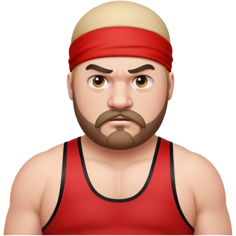 Close-up of extremely fat white skin guy with young face, beard and mustache, no muscle with prominent black durag, black eyes in a red and black wrestling singlet with angry face emoji
