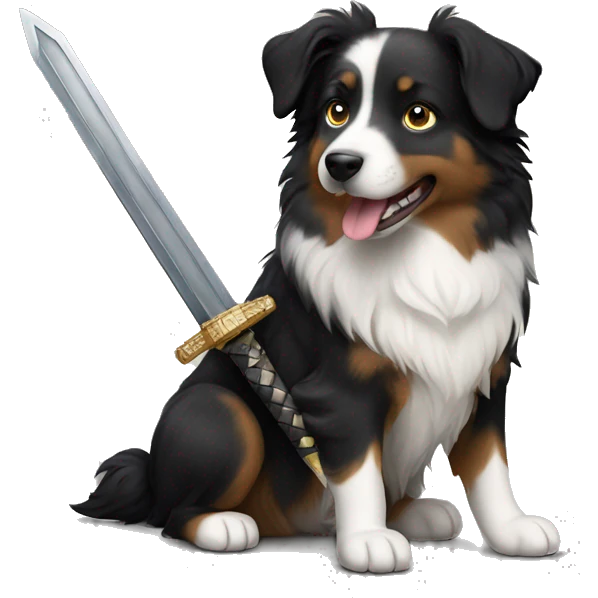 Small black australian shepherd dog with a sword emoji