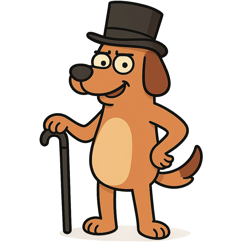 dog with a tophat, flat toon style, holding a cane emoji