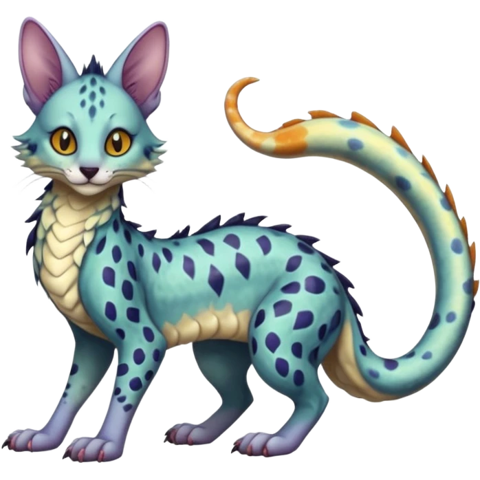 Flurry furry colorful oily spooky spectral ghostly gloomy dusky scaly sergal-serval-possum-sphynx-Koi-sergal-fusion-animal-hybrid-creature with a snake-tail emoji