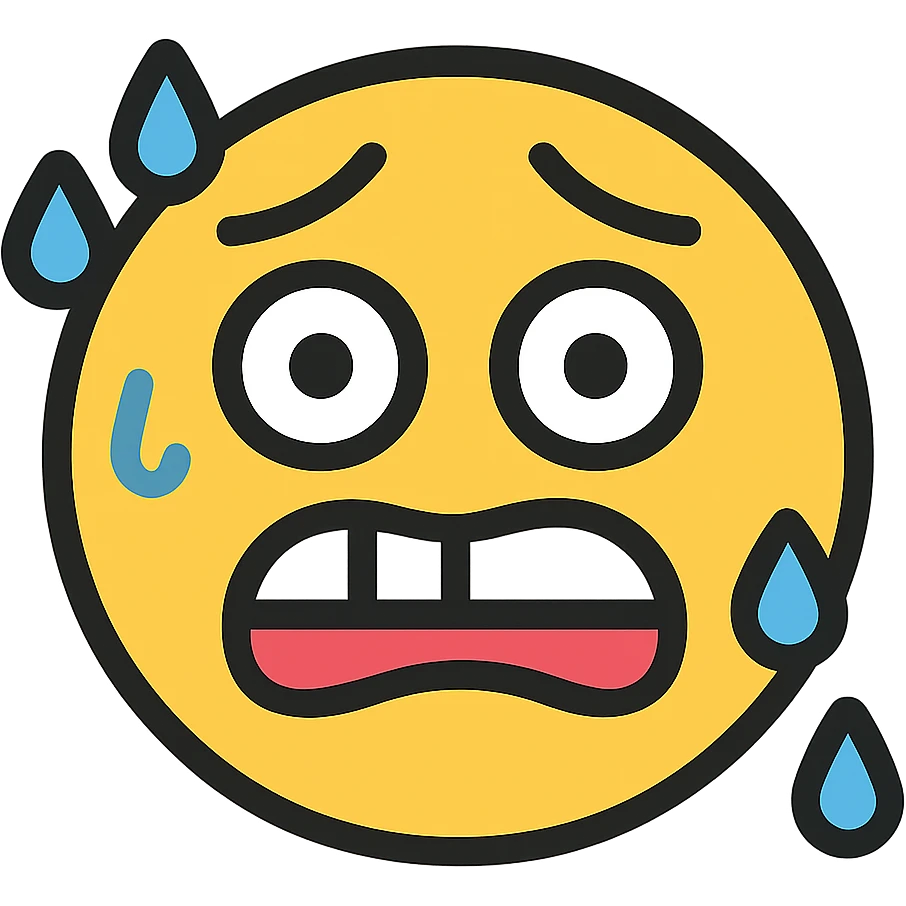 Make the smiley emoji look even more anxious by exaggerating the lip bite, adding more sweat drops, trembling mouth, and wide, worried eyes. Keep icon style, modern, flat colors, no background. emoji