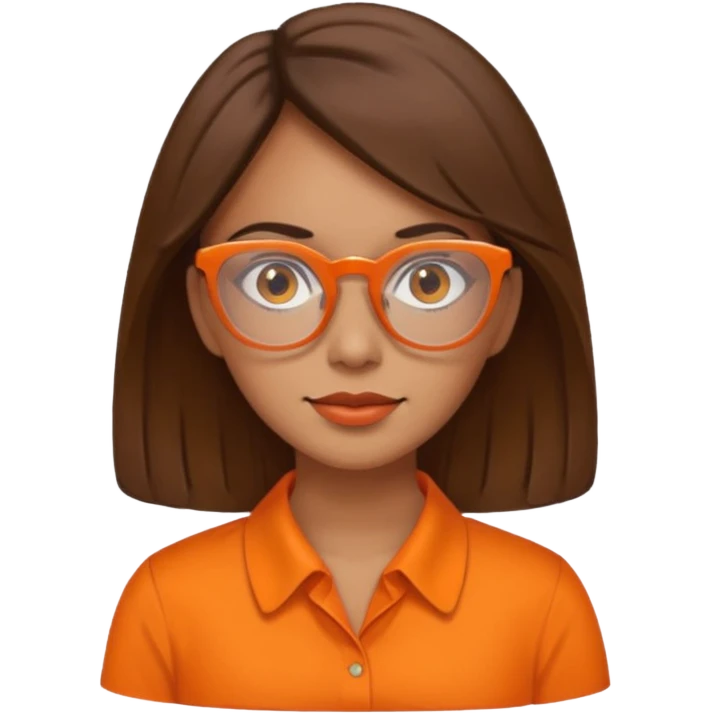 hispanic woman with  brown hair,  orange sectacles and orange blouse  with a collar emoji