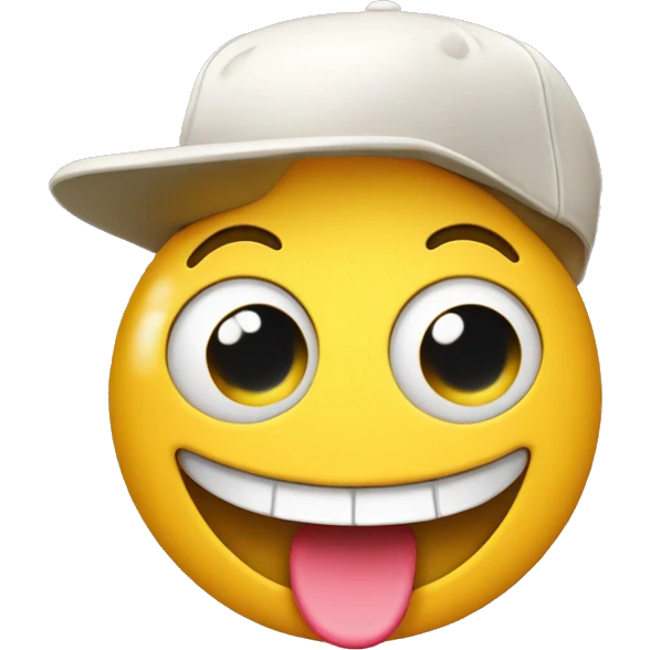 A classic smiling yellow emoji face with wide-open eyes, but missing one front tooth, and wearing a baseball-style cap forward. The cap is colorful, slightly tilted, adding a fun and quirky touch to the emoji's overall expression. emoji