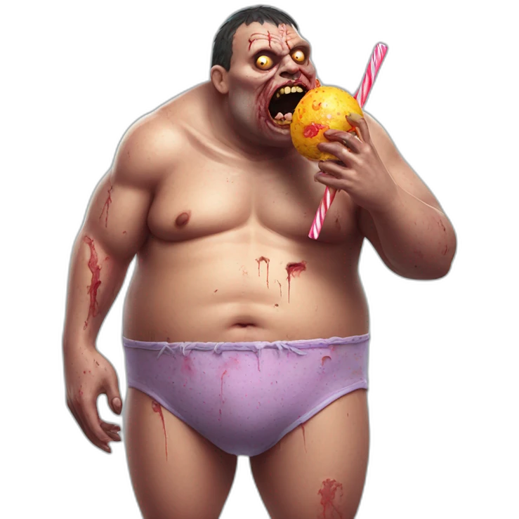fat zombie in underpants eating a lollipop hyperrealistic emoji