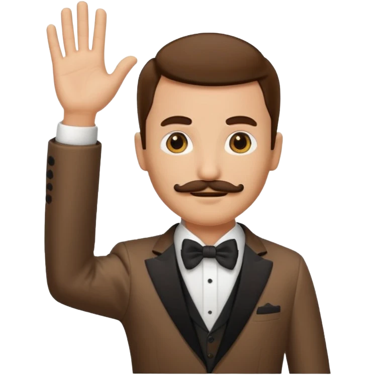 person raising hand emoji, wearing a brown tuxedo, with a short but tall mustache emoji