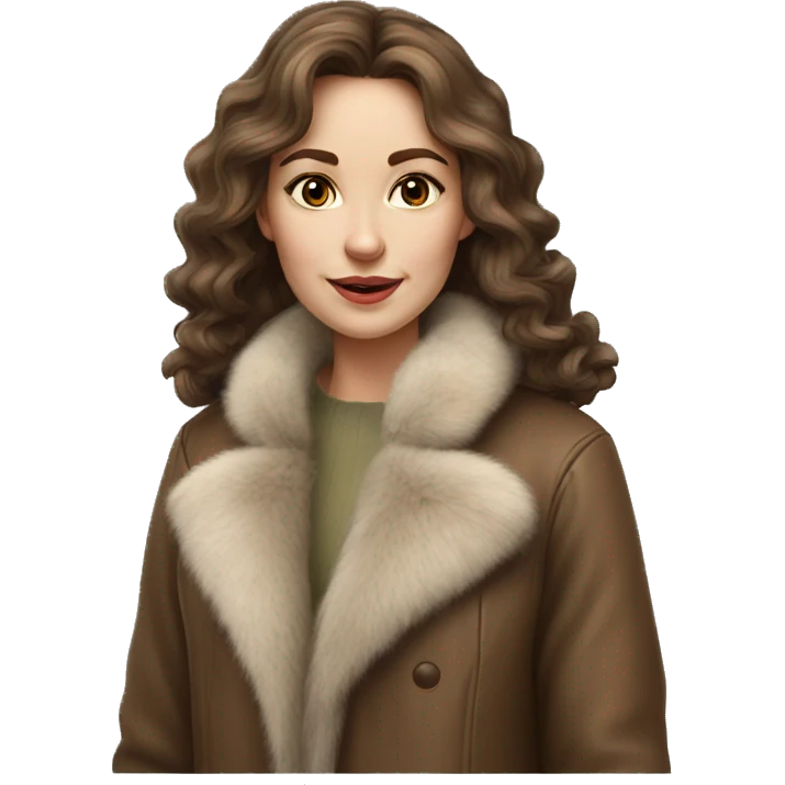 Realistic pretty Russian woman with wavy brown hair with fur coat no smile emoji