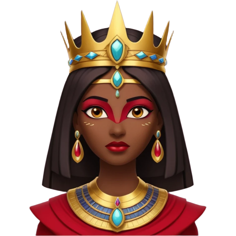 gothic ancient Egyptian queen portrait, head and shoulders only, deep red outfit, gold accents, Egyptian crown, bold makeup, dramatic lighting, 3D cartoon, mobile game icon style, clean background, no text, no watermark
 emoji