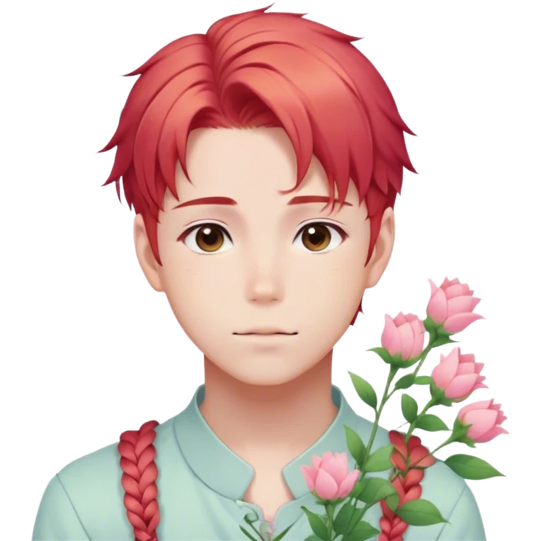 Gorgeous pastel red hair with a thin braid on the side anime style shojo guy with blushing face and flowers aesthetic trending style outside emoji
