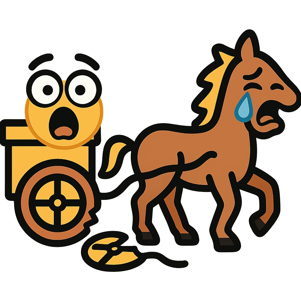 Make the horse cart look broken and add funny, exaggerated emoji expressions to the horse and cart. Keep the style consistent. The style is emoji style. Keep the background transparent. emoji