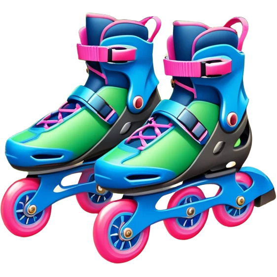 An icon featuring a pair of colorful inline rollerblades resting on a park path. The background showcases winding park pathways, lush green trees, and vibrant flowers along the way. The scene radiates a sense of freedom and outdoor activity under a clear blue sky. Transparent background emoji