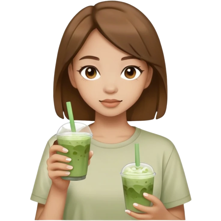 Girl, light skin, brown hair, brown eyes, holding iced matcha, neutral aesthetic shirt emoji