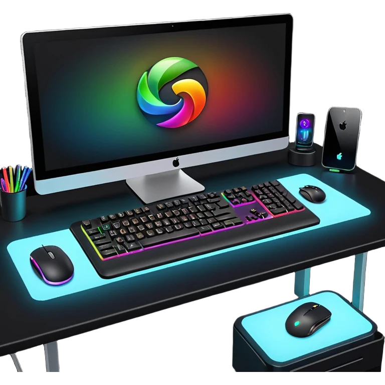 rgb gaming computer on black desk with a black keyboard and mouse emoji