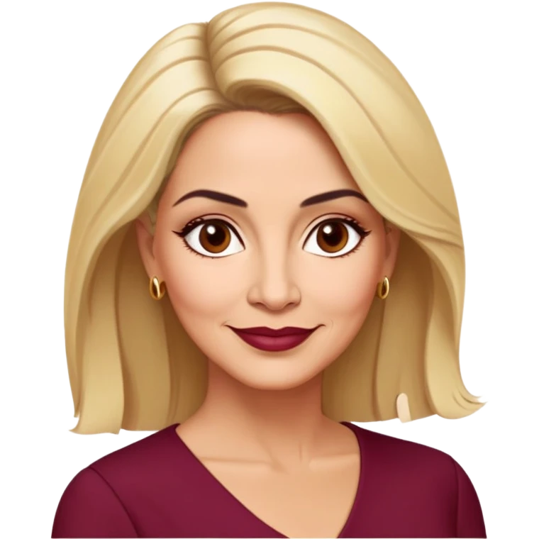 Puerto Rican actress Linette Torres in her 50s with warm light skin, mature elegant features, some fine lines, expressive eyes, well-defined eyebrows, straight nose, friendly smile, shoulder-length blonde hair, wearing a fashionable burgundy top emoji