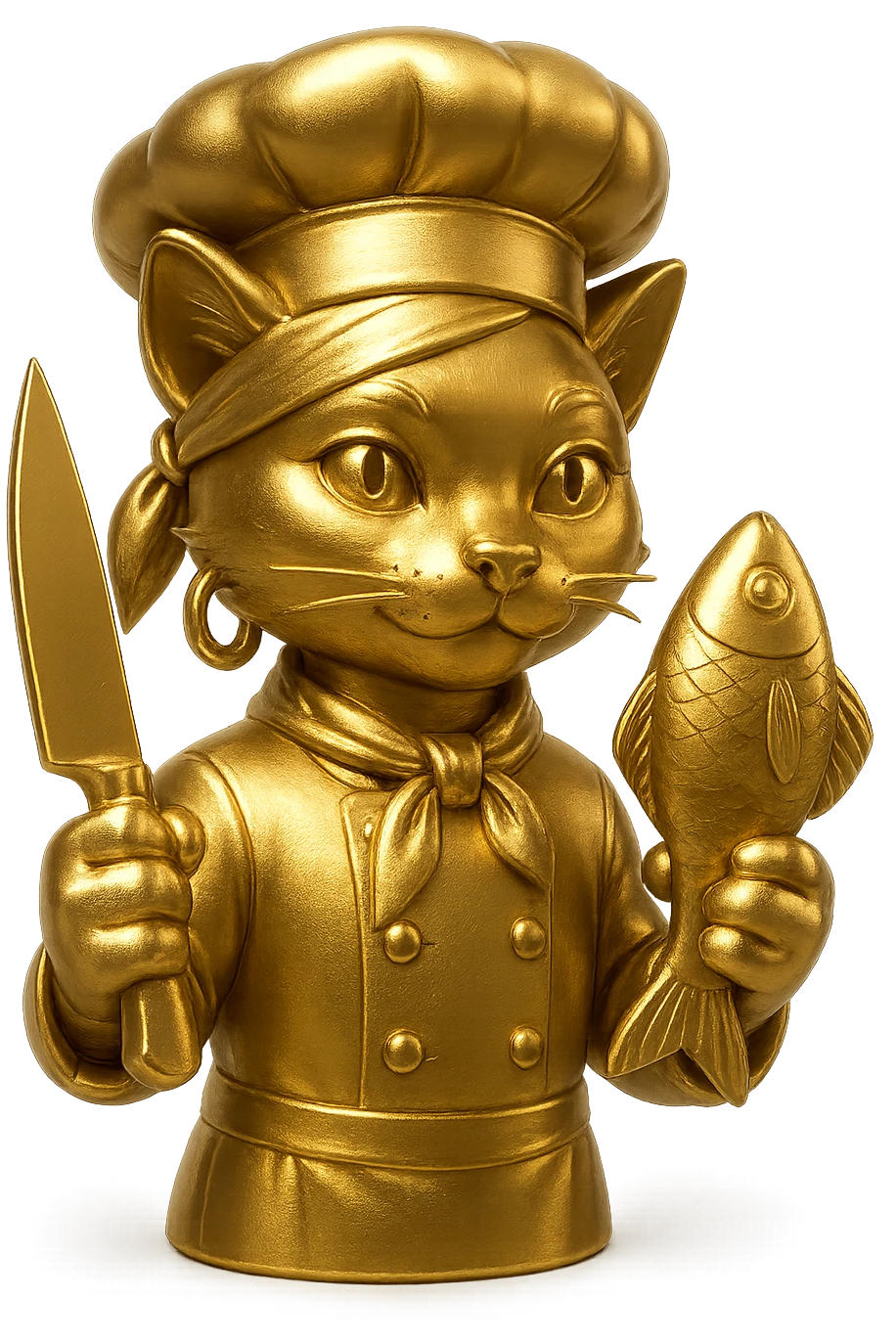 Add a single large gold earring to one ear, and make the cat chef hold a knife in one paw and a fish in the other. Keep the bandana and chef look, with no background. emoji