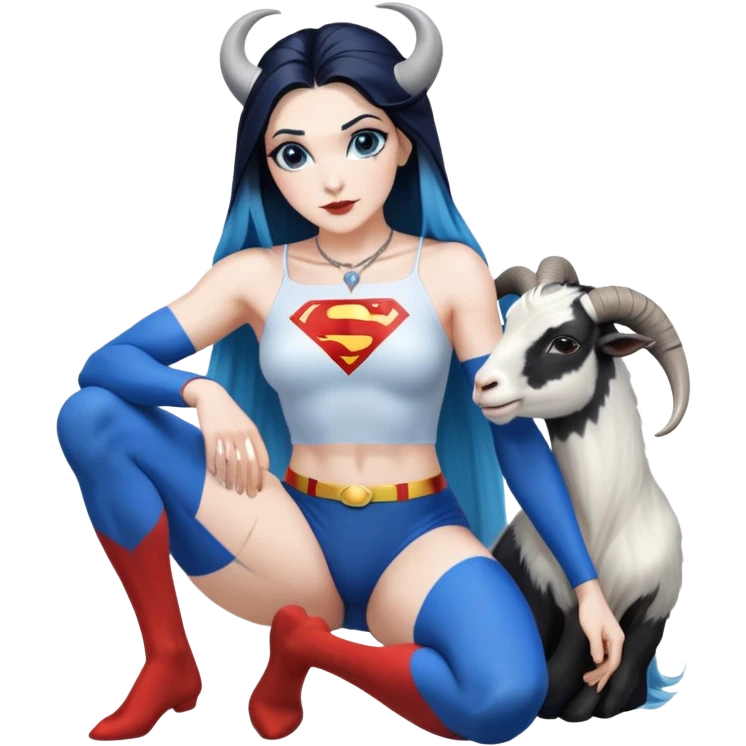 Art of a human white woman's very perfect body scheme anatomy-very long straight black to blue hair ombre-small goat horns-lean back-on knees-superman necklace emoji