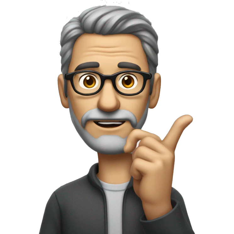 a skinny man with medium length brown hair and a grey beard. he has a big nose and crows feet wrinkles. He is wearing cokebottle glasses and holding his finger up like he is making a point emoji