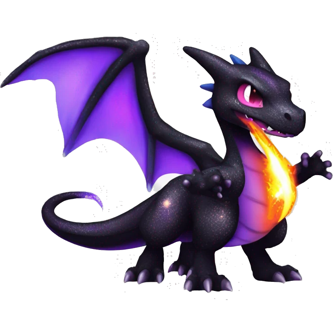 Black shiny sparkly chibi Charizard-Raptor-Fakémon with purple flame on tail full body emoji
