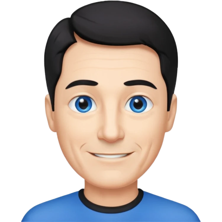 homme 60 ans menton pointu, yeux bleus cheveux noir courts sourir emoji