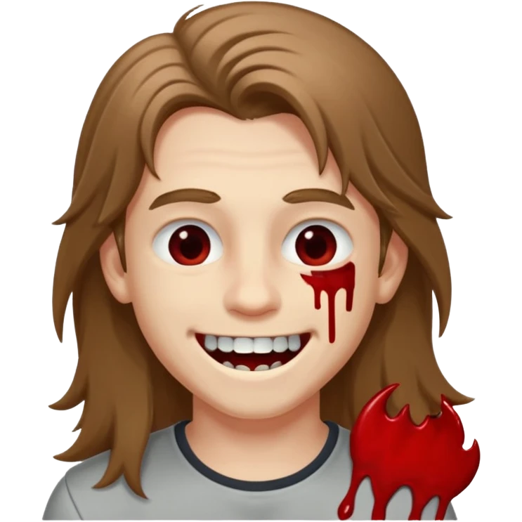 парень с русыми длинными волосами; бледная сероватая кожа; белые глаза; открытая улыбка, где на зубах кровь;  emoji