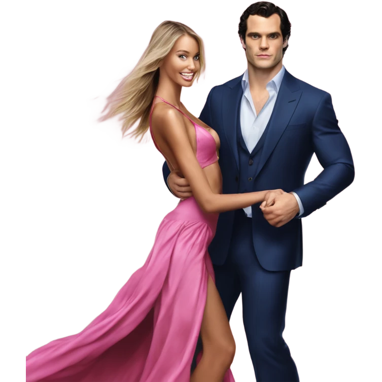 realistic photo of Henry Cavill close dancing with a beautiful  victoria secret model  emoji